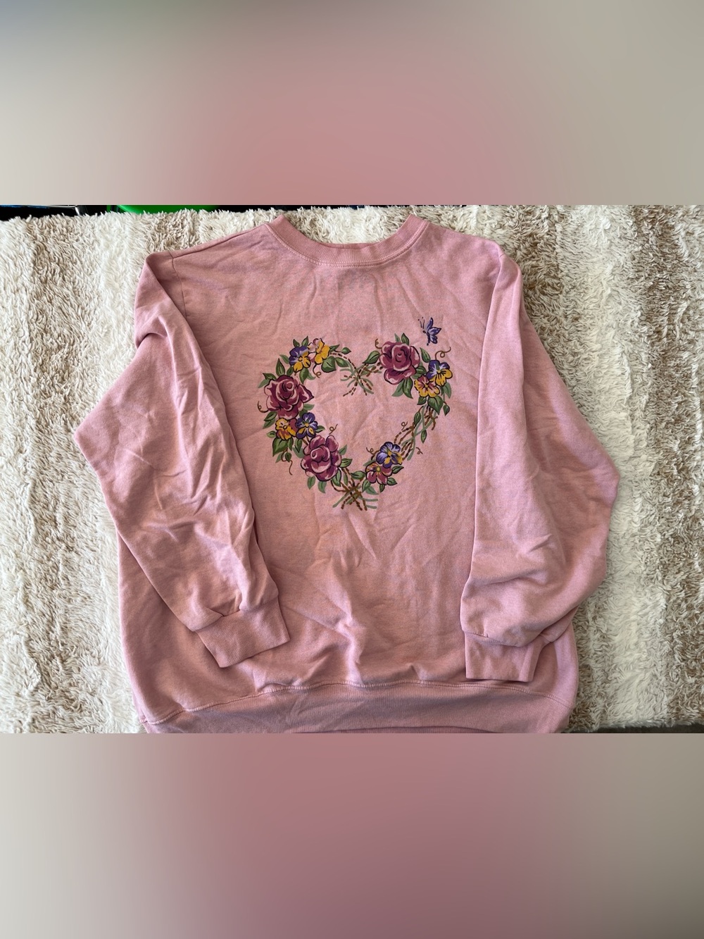 Vintage Blair Pink Crewneck Sweater with Floral Heart Graphic